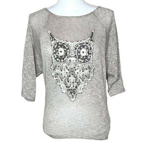 SJS Owl Print Embroidered Sweater 3/4 Wide Sleeves Size Medium Tan